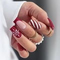 Unghie finte natalizie con glitter rossi, fiocchi di neve e strisce bianche - Stile Francese Opaco Oro Rosso Bianco di Natale (XG-101-70)