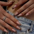 Long square press-on nails with French leopard print and nude gradient design - Nude French Leopard Style (XG-101-24)