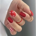 Unghie finte natalizie quadrate corte con glitter rossi e motivi a fiocco di neve in 3D - Stile Quadrato Corto Fiocco di Neve Rosso Vero Opaco (XL-102-66)