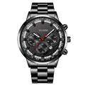 Macro shot of black chronograph watch with luminous hands and a red second needle - All Black Red Hands Chrono Style (5)