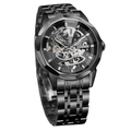 Detail view of FORSINING men's black skeleton mechanical watch showing silver gear movement - Black Case Silver Movement Skeleton Automatic Mechanical / Black Case Black Dial Silver Movement