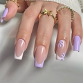 Long coffin press-on nails with lavender 3D flowers and French tip design - Light Purple French 3D Flower Style (XE-94-63)