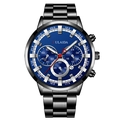 Detailweergave van de diepblauwe chronograaf wijzerplaat en zwart geborsteld stalen band - Zwart Blauw Geborstelde Stijl (3)
