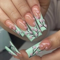 Long square press-on nails featuring mint green French tips and 3D pink cherry blossoms - Mint Green Embossed Cherry Blossom Style (XA-60-60)