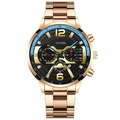 Men's rose gold chronograph watch with black dial and three-link metal bracelet strap - Rose Gold Black Stepped Pattern Style (40)