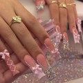 Uñas postizas largas con lazos rosas 3D y pedrería para un estilo de manicura glamurosa - Cuadrado Largo / Estilo Lazo 3D Rosa Diamante (XG-101-87)