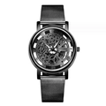 Slank zwart skelet horloge met holle wijzerplaat, Romeinse cijfers en metalen mesh band - Zwart
