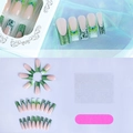 Green and pink press-on nails with 3D marble glitter and rhinestones on blue fabric - Emerald Green Glitter Rhinestone Style (XD-93-31)