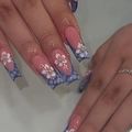 Long coffin fake nails with purple french tips, white flower patterns and tiny rhinestones - Dark Blue Wave Hibiscus Style (GZ-10-88)