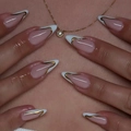 French almond press-on nails with white tips and gold metallic wavy lines design - French Gold Edge Streamline Style (XM-98-87)