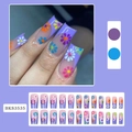 Purple French square press-on nails set with colorful hand-painted flower designs - 24Pcs/Box + Tool Kit / Purple French Flower (BKS3535)