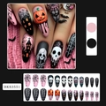Unghie finte Halloween a mandorla con motivi zucca e teschio su base rosa stiletto - Zucca Rosa Casa Stregata Stile Halloween(BKS3551)