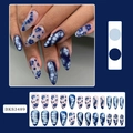 Set de 24 uñas postizas de almendra larga con flores azules y mármol - Estilo de Patrón Floral Azul (BKS3489)