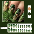 Unghie finte a mandorla foresta verde con funghi, gocce 3D e glitter dorati - Stile Fungo della Foresta Verde (BKS3110) / Set da 24 Pezzi (Include Colla Gelatina + Lima)