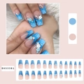 French blue gradient press-on nails with 3D white flower accents and 24 pieces set - Blue French Floral Style (Includes Jelly Glue And File)