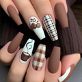 Brown coffee-themed long coffin press-on nails with plaid patterns and matte finish - Coffee Plaid Style (AW527) / With Jelly Glue and Nail File