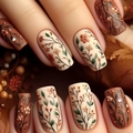 Mocha brown hand-painted flower press-on nails in matte square oval shape for autumn - Vintage Red Floral Style (CW806) / With Jelly Glue and Nail File