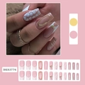 French tip coffin fake nails set with pink plaid, gold oval rings and pearl accents - Checkered White French (BKS3776)