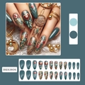 Dunkelgrüne künstliche Fingernägel im Boho-Stil mit Feder- und Herzmustern - Vintage Herz & Feder Stil (BKS3806)
