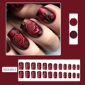 Vintage dark red press-on nails with realistic rose patterns and gold leaf detailing - Retro Red Rose Style (With Jelly Glue & Nail File) (BKS3805)