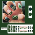 St. Patrick's Day press-on nails with green clover patterns and gold glitter accents - Green Gold Plaid Shamrock Style (BKS3855) / Including Jelly Glue + File