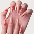 Uñas postizas largas tipo ataúd con base nude, puntas francesas rojas y diseño de dragón - Uñas de Dragón Francés (Versión de Pegamento)
