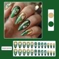 Glitter green and gold lucky clover press-on nails for St. Patrick's Day theme - Glitter Gold Green Shamrock (BKS3856)