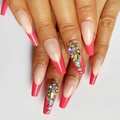 Detailed view of long coffin press-on nails with rose red French tips and iridescent rhinestones - M151 Rose Red French Rhinestone