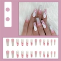 Detail of pink gradient long coffin press-on nails with yin-yang and rhinestone accents - Pink White Tai Chi Gradient Style (Glue Version)