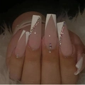 Long coffin press-on nails with white V-French tips and gold foil rhinestone accents - M135 White French Style Press On Nails (Glue Included)