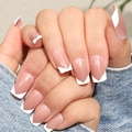 Pink almond press-on nails with white V-shaped French tip design and glossy finish - French V-Shape Style (LF481) - Jelly Glue Type