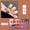 Brown gradient press-on nails with gold foil, white 3D heart, and rhinestones, 24-piece set - LF516 Handmade Press-on Nails (Glue Style)