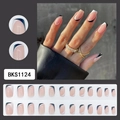 Short square press-on nails set with black and white french wave patterns on nude base - Short Black and White French Contrast Style (BKS1124) / 24Pcs Nails + Jelly Glue + File