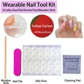 Press-on nail kit with wood stick, purple file, adhesive tabs, and prep alcohol pad - Yellow Jelly Glue 24 Tabs - Imported 4-Piece Set