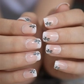 French ombré press-on nails with floral patterns and diamond accents in square shape - Flower Rhinestone Style (BKS1071) / Jelly Glue + File Set