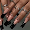 Long square black French tip press-on nails with small rhinestones and nude base - M179 Black French Rhinestone