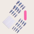 Dettaglio di 24 unghie finte lunghe con fumo marmorizzato blu e kit di accessori - Set di Colla Gelatina