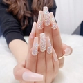 Long coffin fake nails with nude pink gradient, rhinestones, and gold foil accents - M125 Full Pave Rhinestone Nails