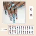 Coffin press-on nails LF608 with blue-pink gradient and black snake and moon art - LF608 Star Moon Snake (Jelly Glue Style)