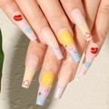Long coffin press on nails with heart and lip patterns plus rhinestone gradient design - Long Coffin Shape / Lip Print Heart Design (BKS1028 Jelly Glue Style)