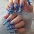Blue marble long coffin press-on nails with 3D camellia flowers and sparkling glitter - BKS1510 Ice Cracked Blue Rose (Jelly Glue Style)