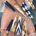 Uñas postizas largas tipo ataúd negro mate con diamantes y diseños de rosas vintage - Diseño de Flor de Rosa (Con Pegamento de Gelatina)