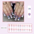 Detail of pink French gradient press-on nails with rhinestones and colorful gemstones - Sweet Cool Pink White Ombre (BKS1365)