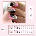 Pink and black glitter square press-on nails with geometric designs and silver sparkles - Black Pink Glitter Geometric Patchwork (BKS1842)