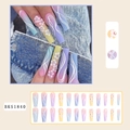 Unghie finte lunghe a bara con sfumatura macaron, fiori 3D e linee glitterate sottili - Stile Gradiente Macaron Camelia (BKS1840)