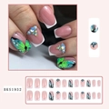 French tip press-on nails with green butterfly pattern and rhinestones, 24 piece set - French Butterfly Blue Rhinestone Style (BKS1932)
