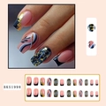 Unghie finte rosa marmorizzate con foglie d'oro e motivi blu, set manicure da 24 pezzi - Stile Francese Foglia Oro Rosa Nero Blu (BKS1998) / Set da 24 Pezzi (Include Colla Jelly + Lima)