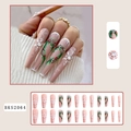 Long coffin Christmas press-on nails with white snowflakes, green wreaths and pearls - BKS2064 Christmas Snowflake Style (With Jelly Glue)
