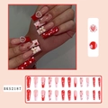 Uñas postizas largas tipo ataúd con diseño de fresa corazón y lazos de perlas 3D - Estilo Francés de Fresa y Corazón (BKS2187)