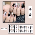 Black marble press-on nails with rhinestones and silver metallic accents in coffin shape - Rhinestone Black Marble Style(BKS2169) / 24 Pcs/Box (Includes Jelly Glue + File)